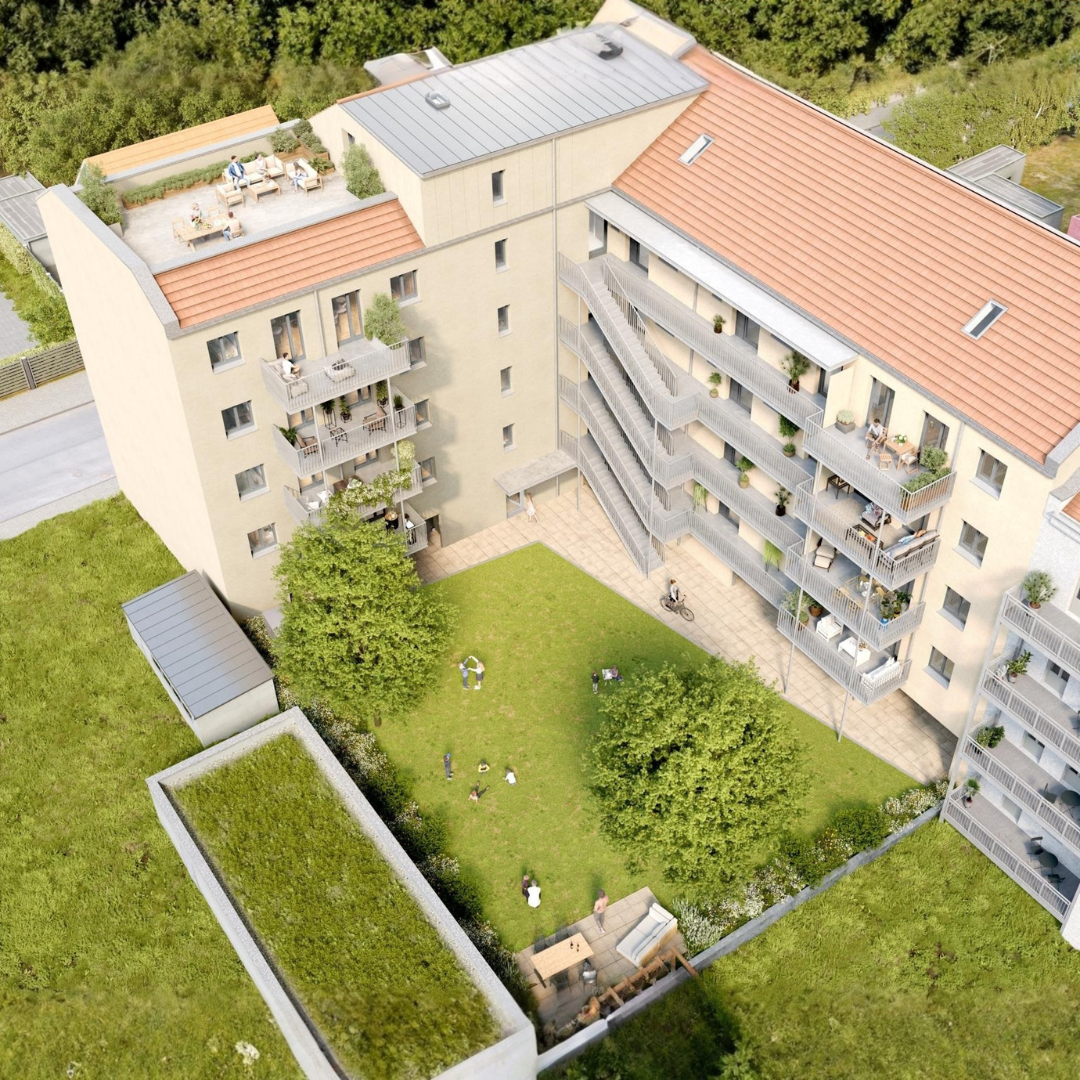 Vogelperspektive · Innenhof & Dachterrasse